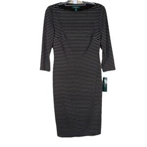 LAUREN RALPH LAUREN Boatneck Long Sleeve Brown Cream Stripe Dress Sz 6‎ NWT $189